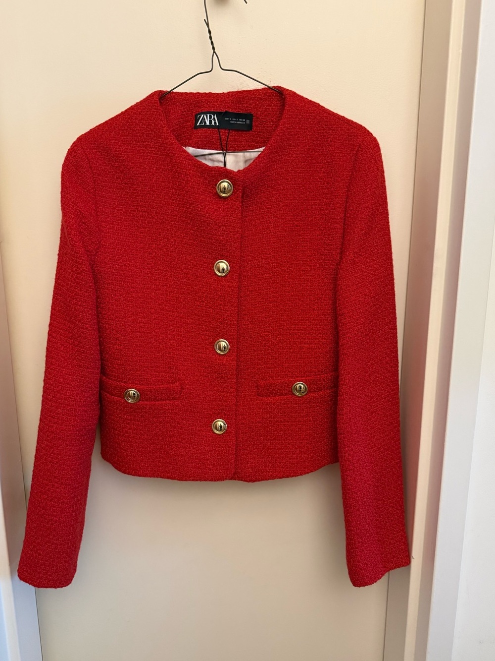 Zara Vibrant Red Collarless Bouclé Jacket with Gold Buttons